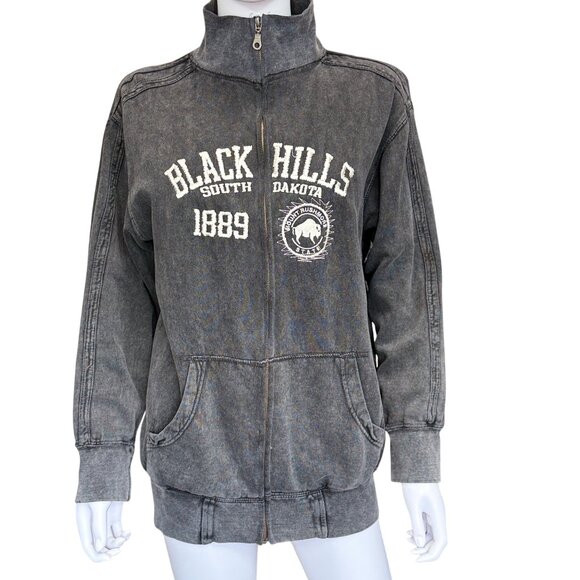 Basix Vintage Black Zip-Up Sweatshirt Jacket w/ Embroidered Detail Womens Sz M - Picture 1 of 5
